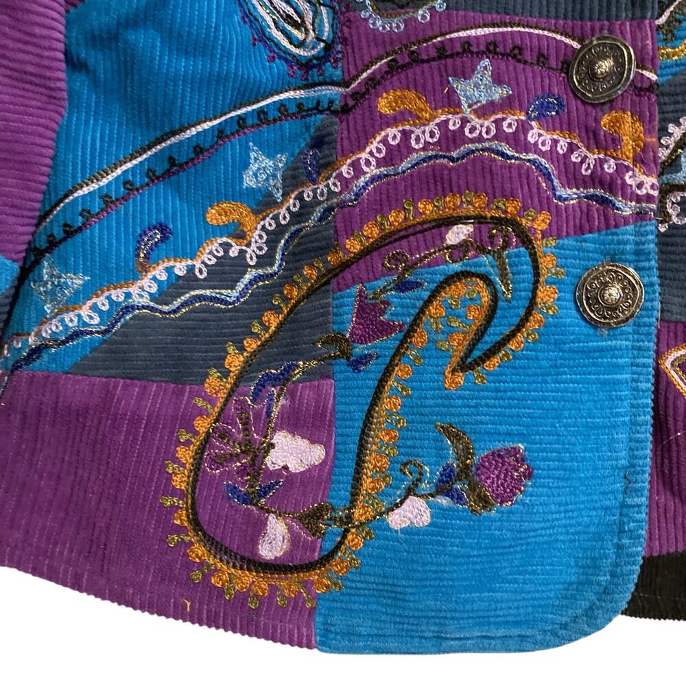 Vintage Y2K Julia Kim Blue Purple Corduroy Paisley Patchwork Blazer Size Medium - Picture 12 of 16
